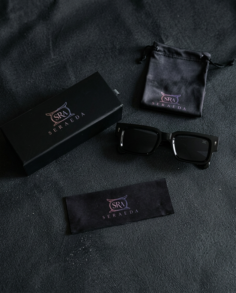 SERAEDA sunglasses with SRA monogram and packaging